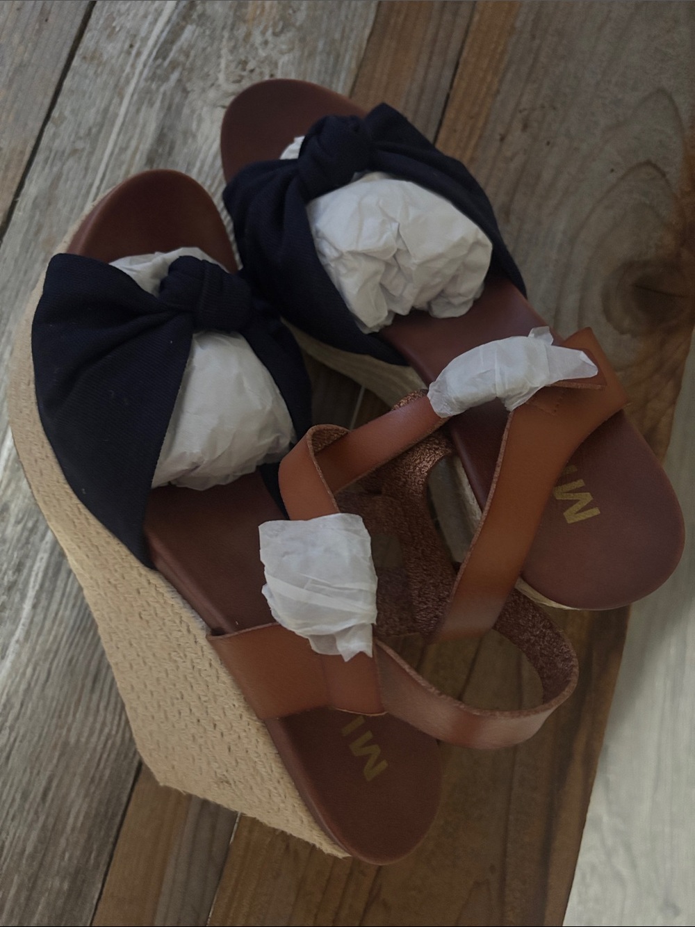 MIA Navy Bow and Tan Espadrille Wedges